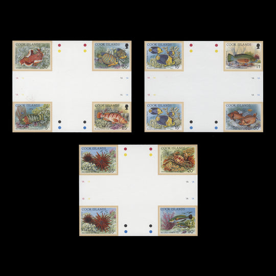 Cook Islands 1994 Marine Life imperf proof cross-gutter blocks