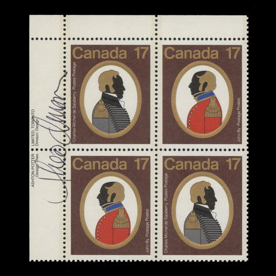Canada 1979 Canadian Colonels imprint block signed by designer