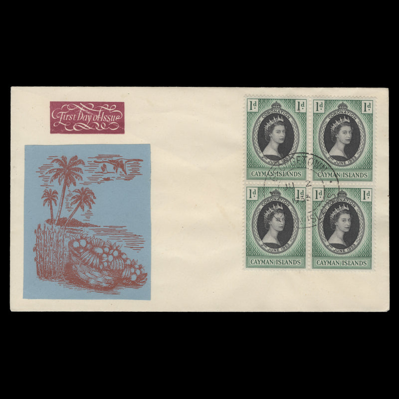 Cayman Islands 1953 (FDC) 1d Coronation block, GEORGETOWN