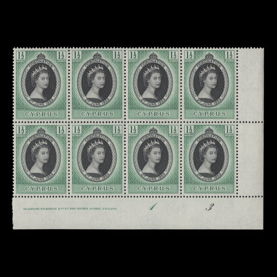 Cyprus 1953 (MNH) 1½p Coronation imprint/plate 1–3 block