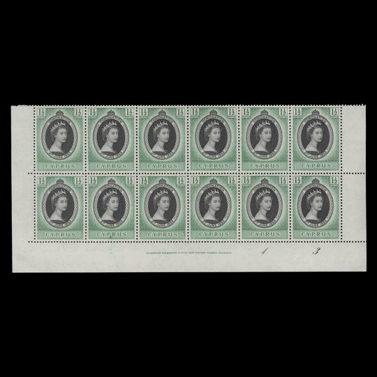 Cyprus 1953 (MNH) 1½p Coronation imprint/plate 1–3 block