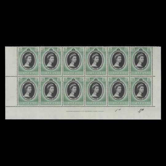 Cyprus 1953 (MNH) 1½p Coronation imprint/plate 1a–4a block