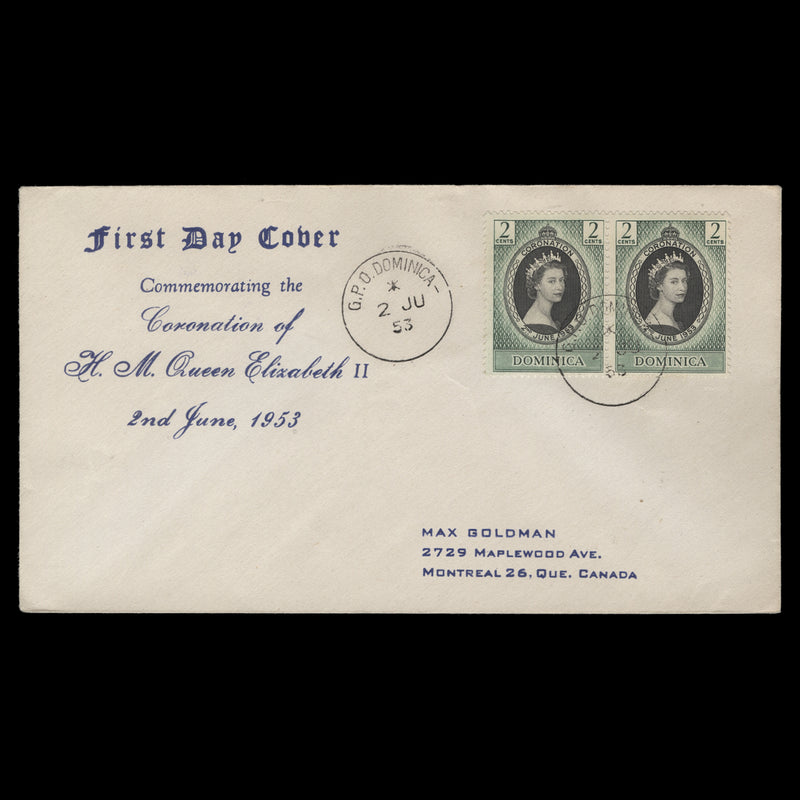 Dominica 1953 (FDC) 2c Coronation pair, GPO