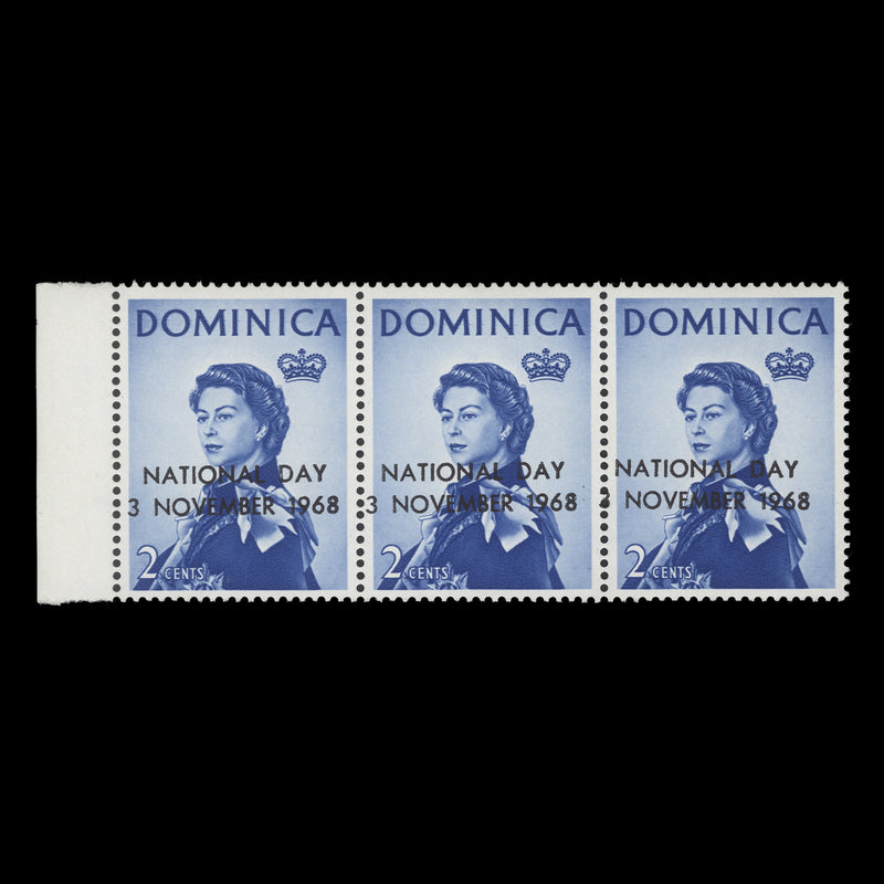 Dominica 1968 (Variety) 2c National Day strip with overprint shift