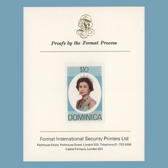 Dominica 1975 $10 Queen Elizabeth II imperf proof on presentation card
