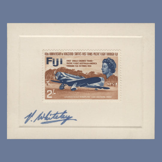 Fiji 1968 Kingsford Smith's Pacific Flight Anniversary presentation card signed by Victor Whiteley