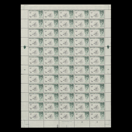 Falkland Islands 1966 (MNH) ½d Austral Thrush plate 2–1 sheet, sideways watermark