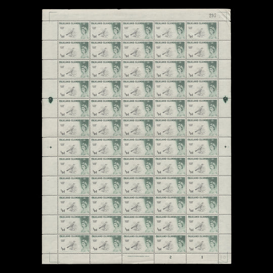 Falkland Islands 1966 (MNH) ½d Austral Thrush plate 2–1 sheet, sideways watermark