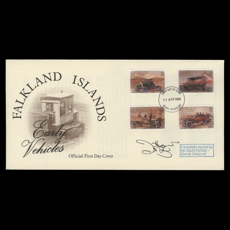 Falkland Islands 1988 Early Vehicles first day cover signed by designer