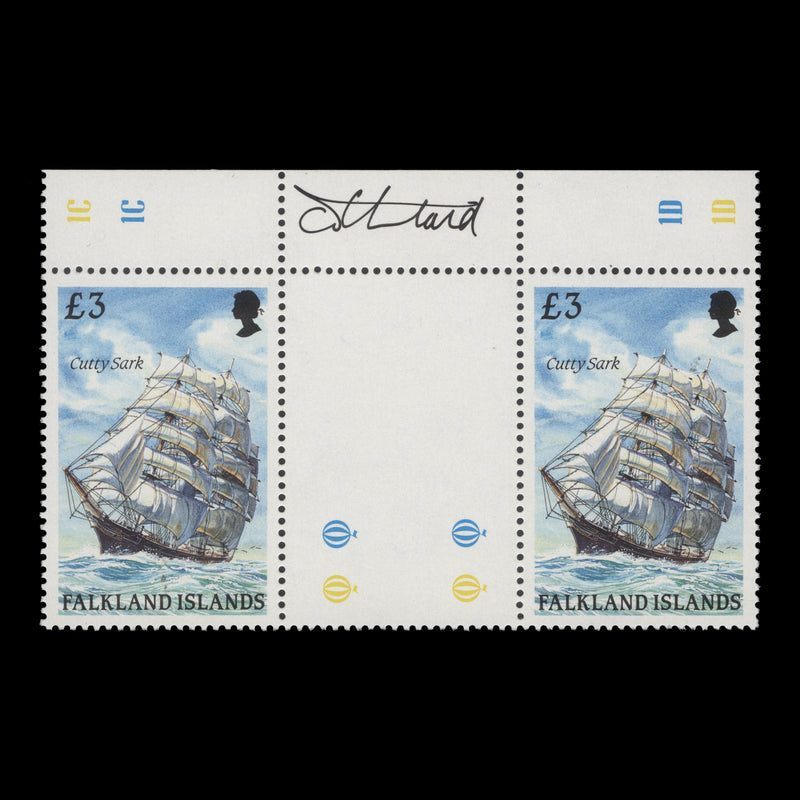 Falkland Islands 1989 (MNH) £3 Cutty Sark gutter pair signed by Tony Theobald