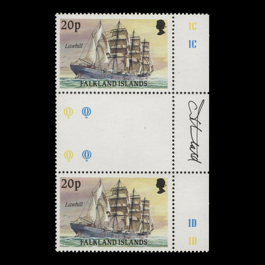 Falkland Islands 1989 (MNH) 20p Lawhill gutter pair signed by Tony Theobald
