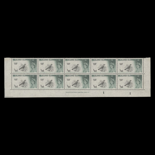 Falkland Islands 1960 (MNH) ½d Austral Thrush imprint/plate 1–1 block, Waterlow