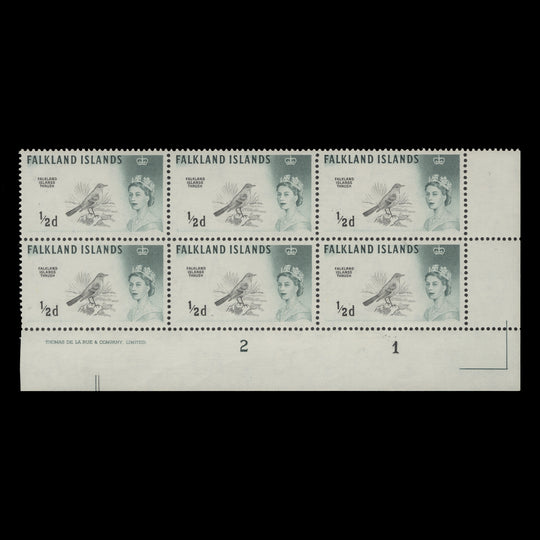 Falkland Islands 1964 (MNH) ½d Austral Thrush imprint/plate 2–1 block, DLR