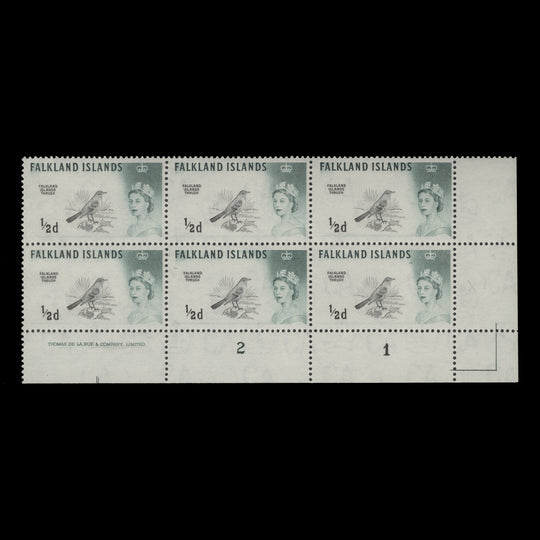 Falkland Islands 1965 (MNH) ½d Austral Thrush imprint/plate 2–1 block, DLR