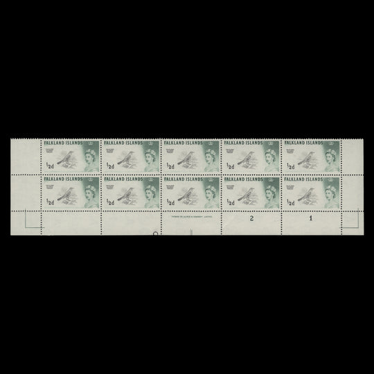 Falkland Islands 1966 (MNH) ½d Austral Thrush plate 2–1 block with plate repair
