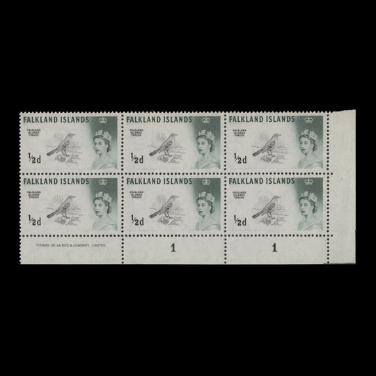 Falkland Islands 1968 (MNH) ½d Austral Thrush imprint/plate 1–1 block, DLR