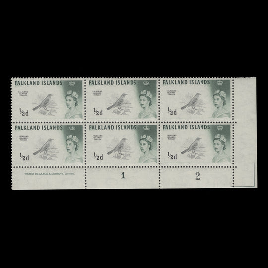 Falkland Islands 1968 (MNH) ½d Austral Thrush imprint/plate 1–2 block, DLR