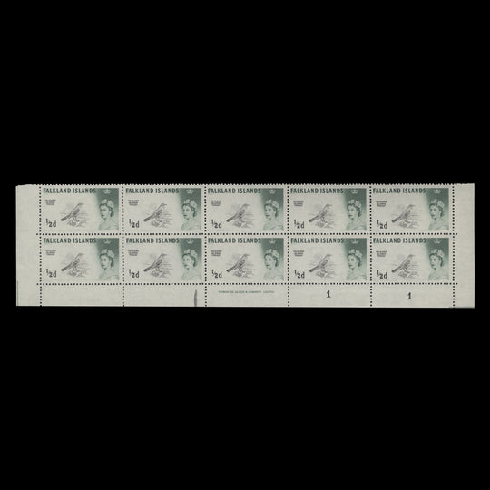 Falkland Islands 1968 (MNH) ½d Austral Thrush plate 1–1 block with plate crack