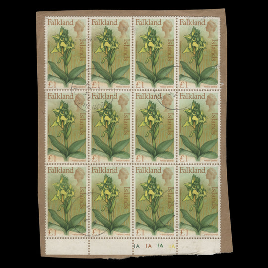 Falkland Islands 1968 (Used) £1 Yellow Orchid plate block, PORT STANLEY