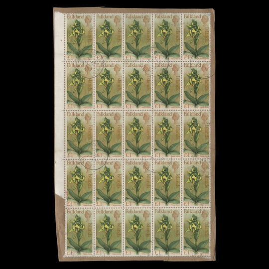 Falkland Islands 1970 (Used) £1 Yellow Orchid block, PORT STANLEY