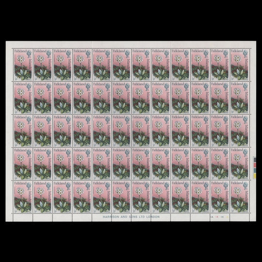 Falkland Islands 1975 (MNH) ½p Dusty Miller sheet of 60 stamps, spiral watermark