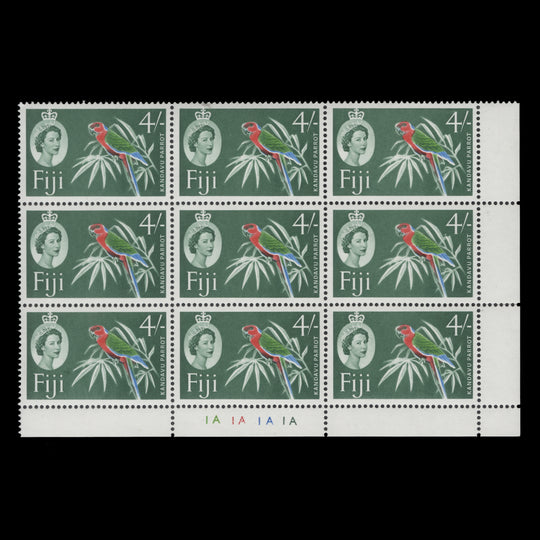 Fiji 1967 (MNH) 4s Kandavu Parrot plate block with sideways watermark