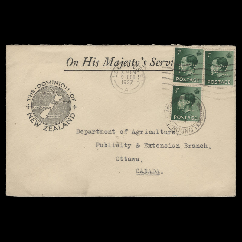 Great Britain 1936 (Used) ½d KEVIII 'NZ' perfin definitives, LONDON SE1
