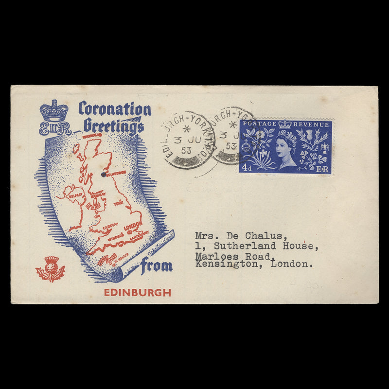 Great Britain 1953 (FDC) 4d Coronation, EDINBURGH-YORK TPO