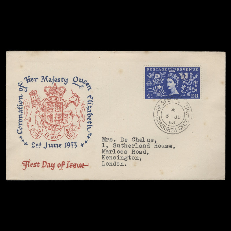 Great Britain 1953 (FDC) 4d Coronation, UP SPECIAL TPO