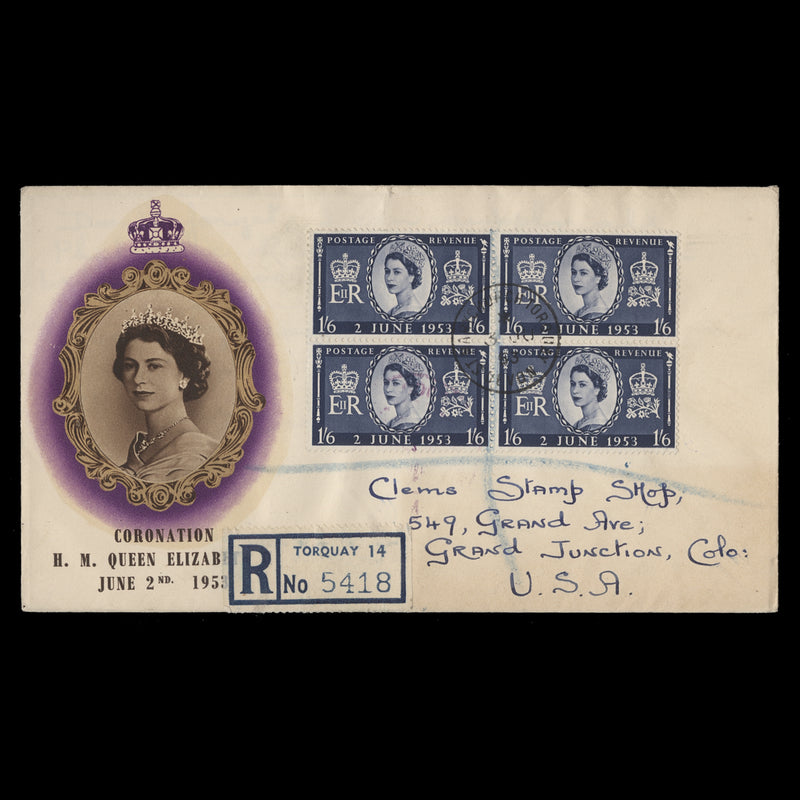 Great Britain 1953 (FDC) 1s6d Coronation block, ST MARYCHURCH