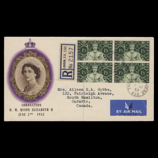 Great Britain 1953 (FDC) 1s3d Coronation block, THROGMORTON AVENUE