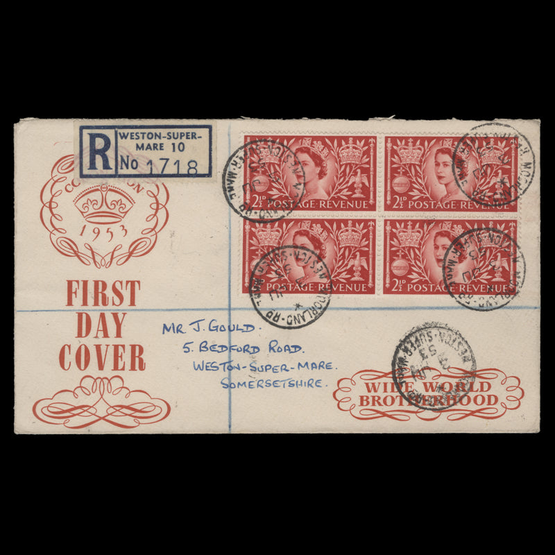 Great Britain 1953 (FDC) 2½d Coronation block, WESTON-SUPER-MARE