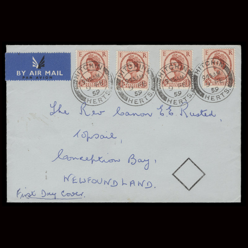 Great Britain 1959 4½d Chestnut first day cover, HITCHIN