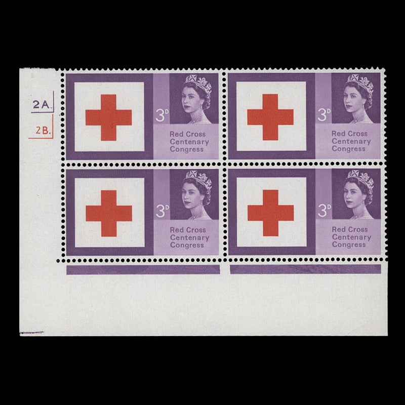 Great Britain 1963 (MNH) 3d Red Cross Centenary ordinary cylinder 2A.–2B. block