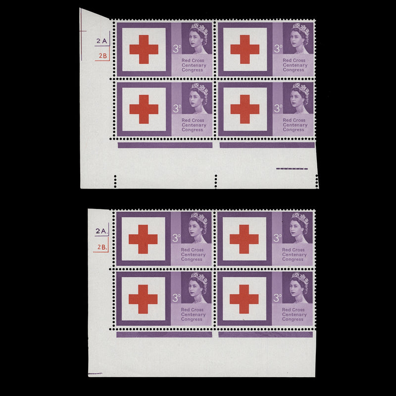 Great Britain 1963 (MNH) 3d Red Cross Centenary ordinary cylinder 2A–2B blocks