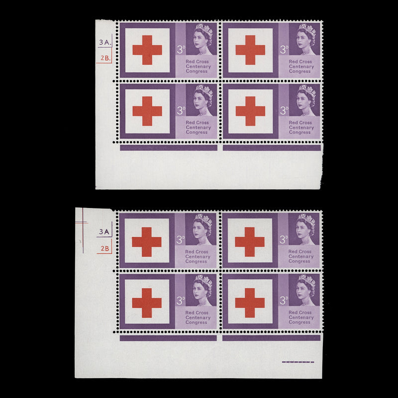 Great Britain 1963 (MNH) 3d Red Cross Centenary ordinary cylinder 3A–2B blocks