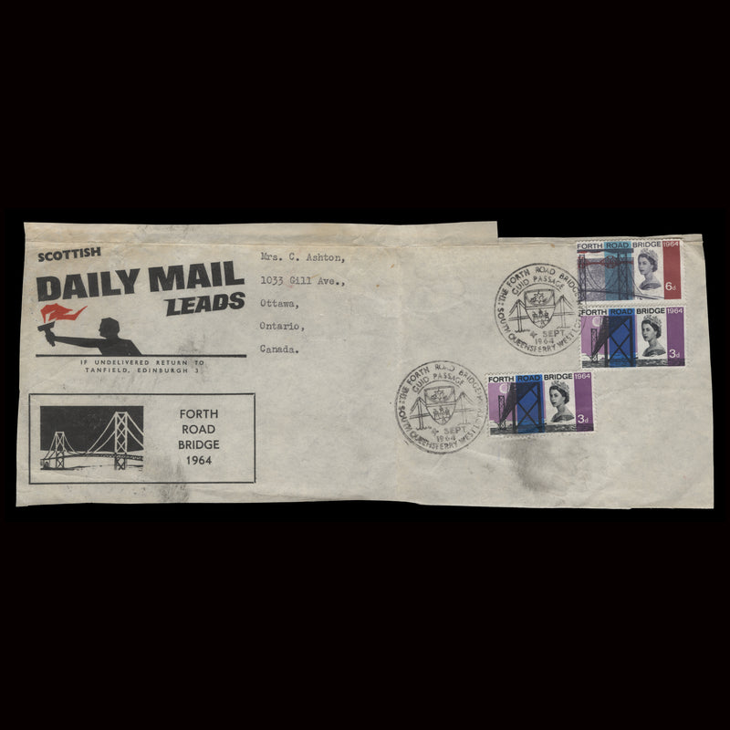 Great Britain 1964 Forth Road Bridge first day newspaper wrapper, SOUTH QUEENSFERRY