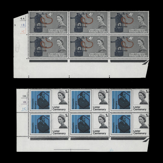Great Britain 1965 (MNH) Lister Centenary ordinary cylinder no-dot blocks