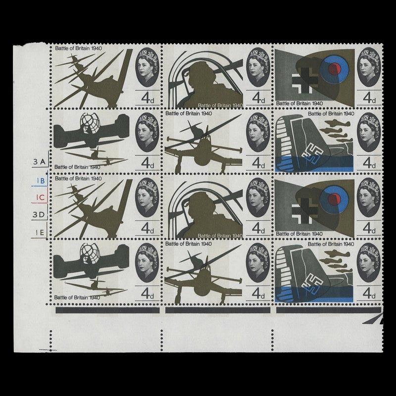 Great Britain 1965 (MNH) 4d Battle of Britain phosphor cylinder 3A–1B–1C–3D–1E bloc