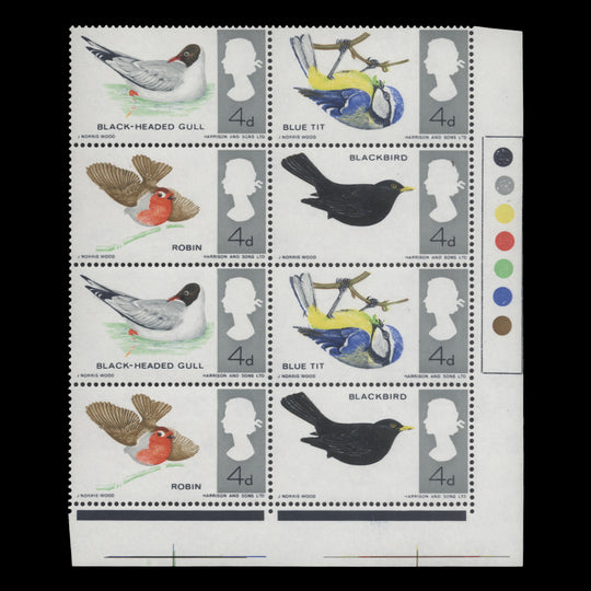 Great Britain 1966 (Variety) 4d British Birds ordinary block missing reddish brown