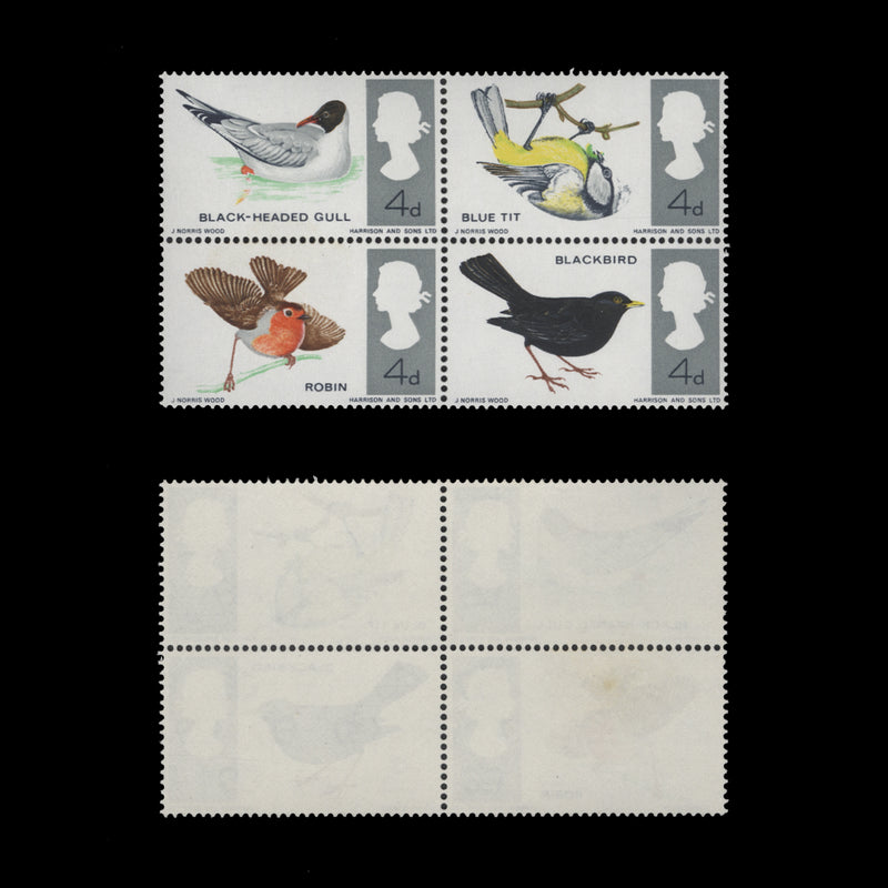 Great Britain 1966 (Error) 4d British Birds ordinary block missing blue