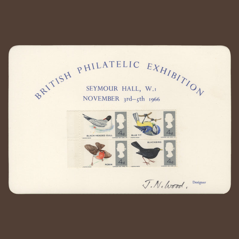 Great Britain 1966 British Birds phosphor block on signed presentation card