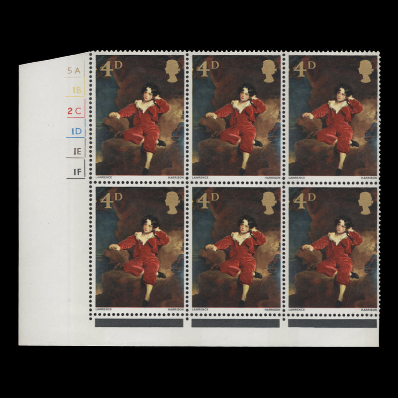 Great Britain 1967 (MNH) 4d British Paintings cylinder 5A–1B–2C–1D–1E–1F block