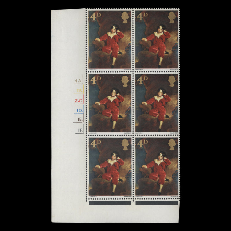 Great Britain 1967 (MNH) 4d British Paintings cylinder 4A.–1B.–2C.–1D.–1E.–1F. block