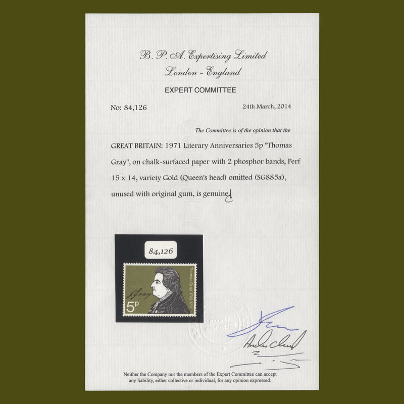 Great Britain 1971 (Error) 5p Literary Anniversaries missing gold