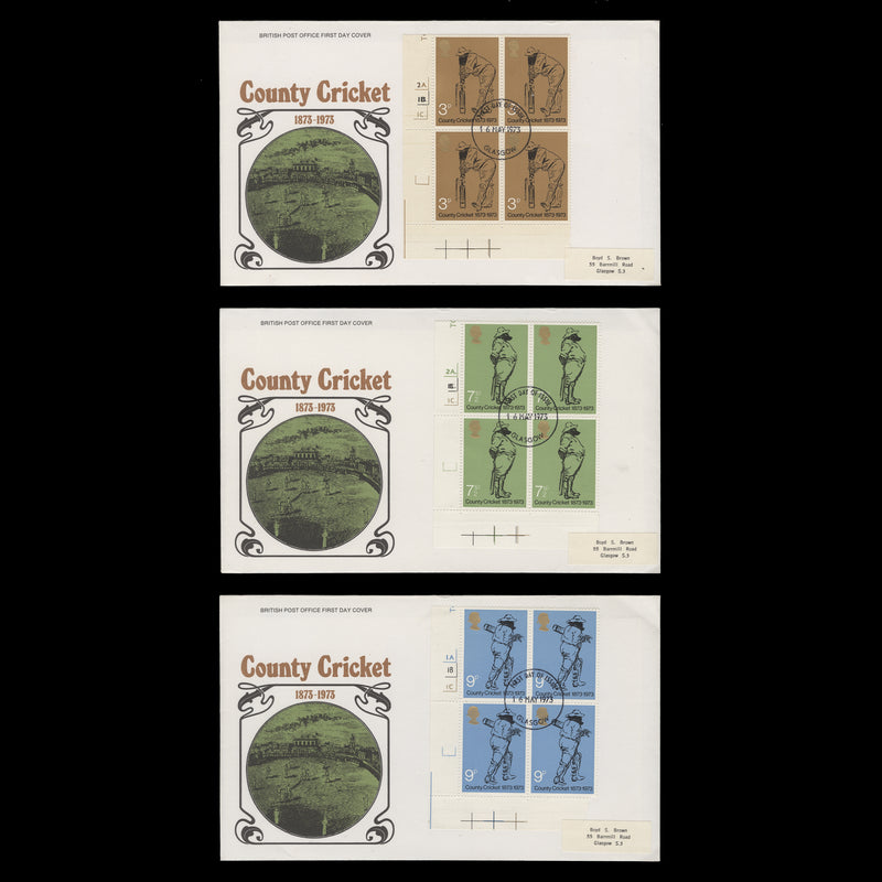 Great Britain 1973 County Cricket cylinder blocks on first day covers, GLASGOW
