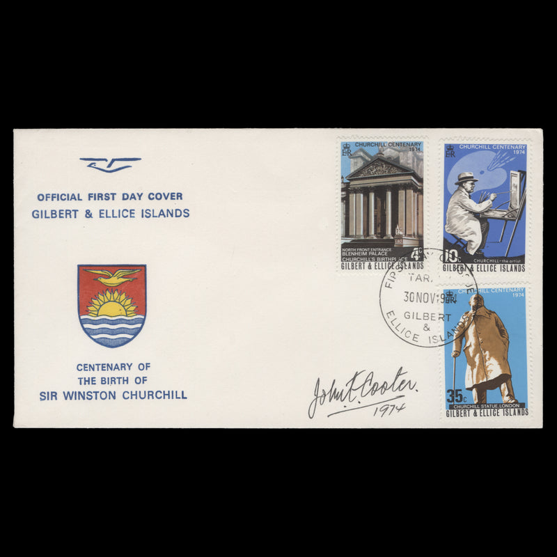 Gilbert & Ellice Islands 1974 Churchill Birth Centenary first day cover signed by designer