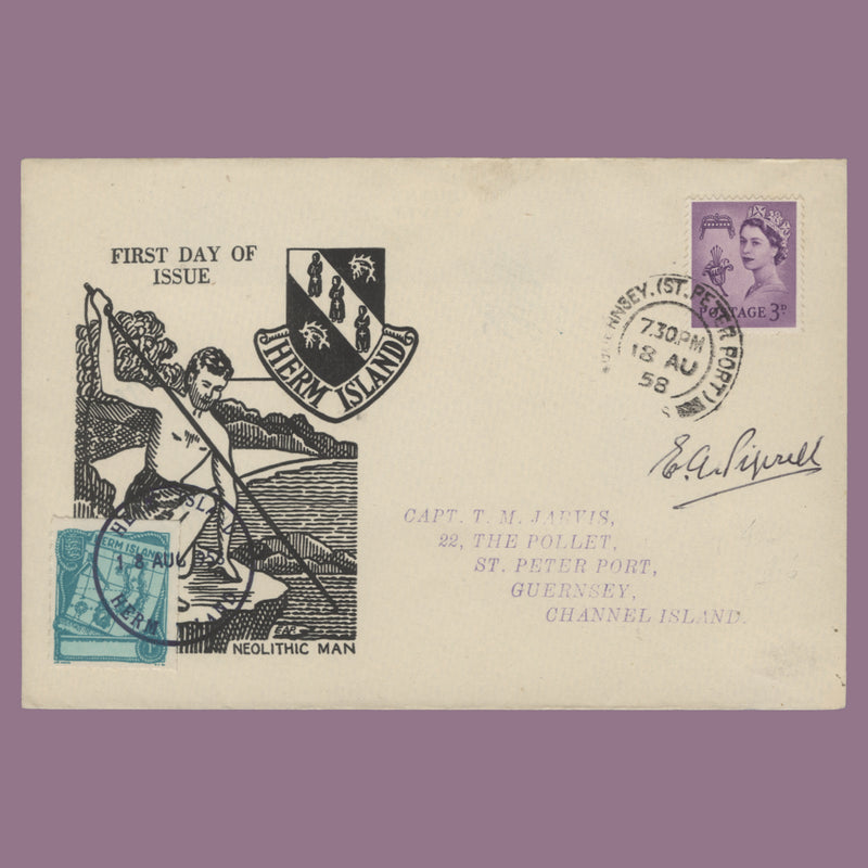 Guernsey 1958 3d Deep Lilac first day cover signed by Eric Piprell