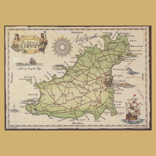 Guernsey 1988 Map of Guernsey postcard signed by Eric Piprell