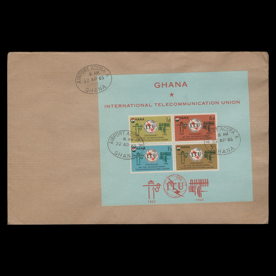 Ghana 1965 (FDC) ITU Centenary miniature sheet, AIRPORT ACCRA A